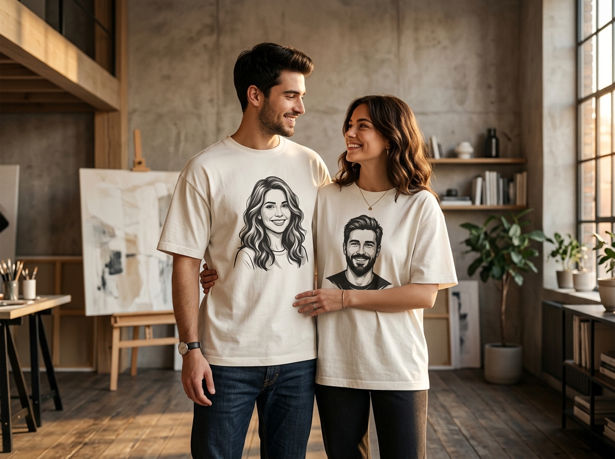 Real Couple Wearing Matching Portrait T-Shirts