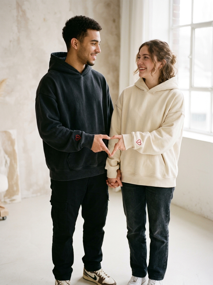 Real Couple Wearing Interlocking Sleeve Heart Hoodies and Jackets